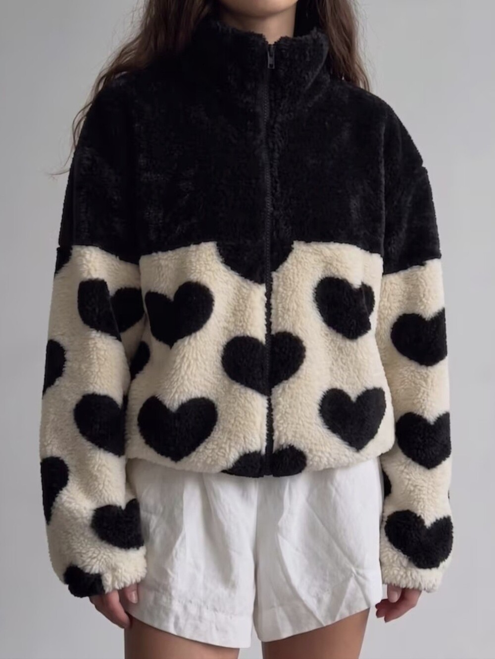 Color-Block Heart Plush Inner Jacket Women'S Stand Collar Zipper Loose Plush Jac